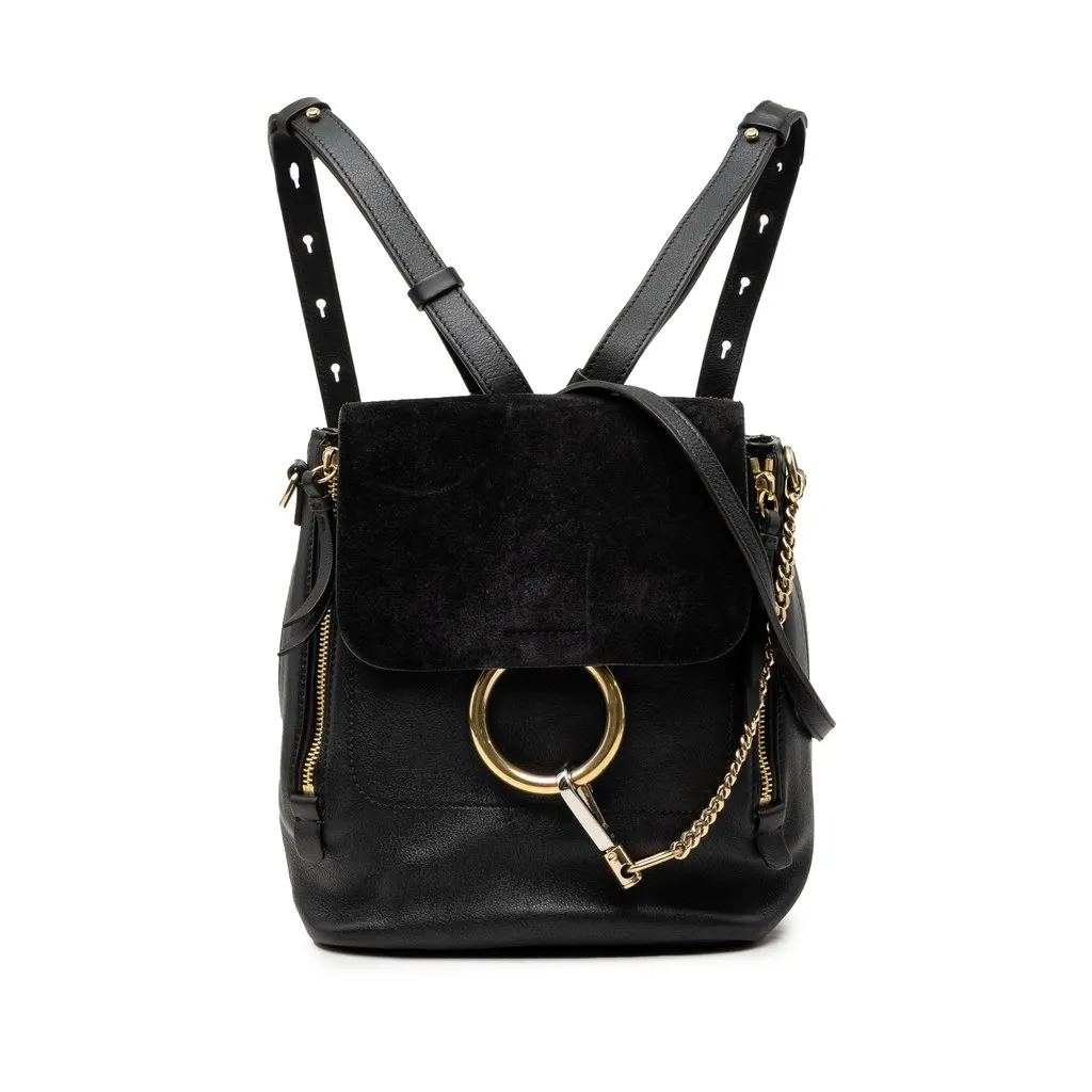 Chloé Medium Calfskin and Suede Faye Backpack Black Leather Very good - Front View