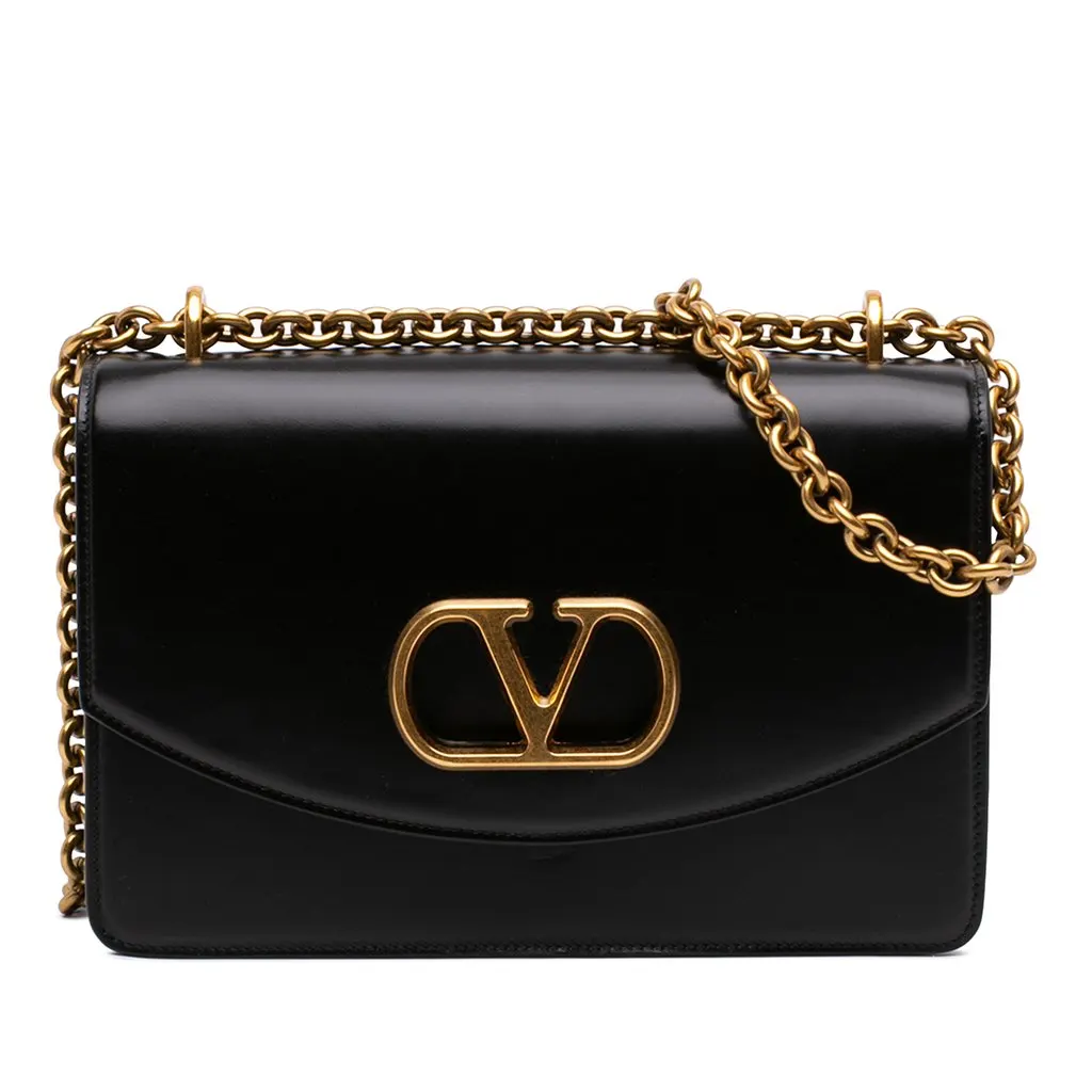 Valentino Small Shiny Calfskin VLogo Vain Crossbody Black Leather Very good - Front View