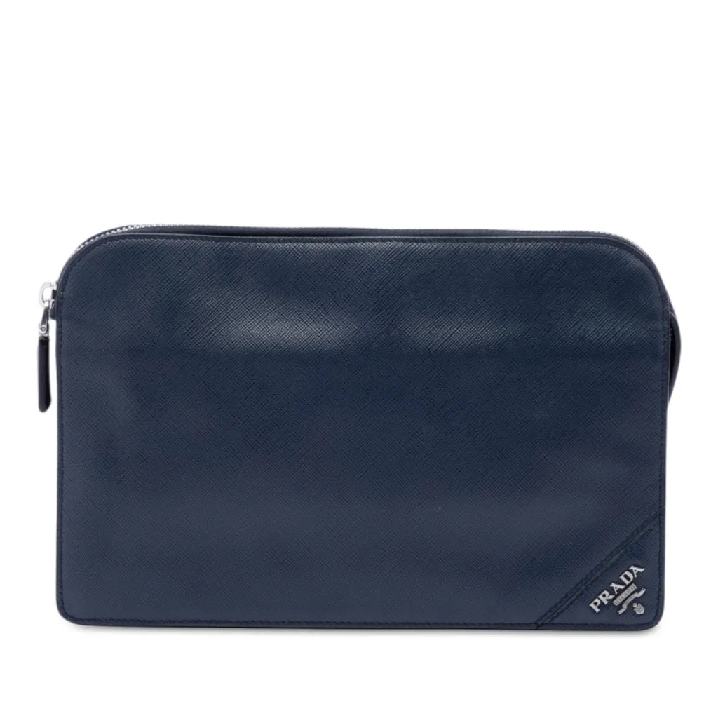 Prada Saffiano Clutch Blue Leather Very good - Front View
