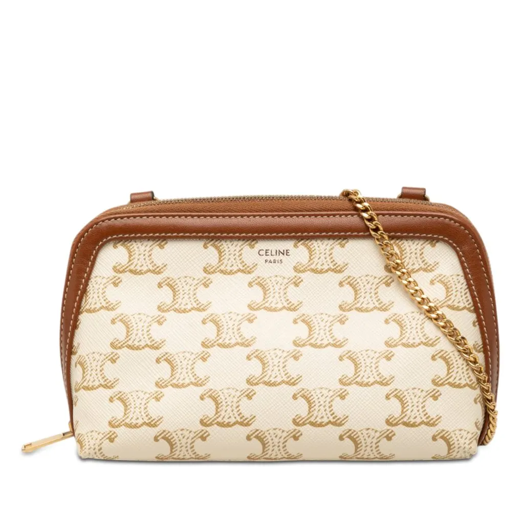 Celine Triomphe Coated Canvas Clutch On Chain White Very good - Front View