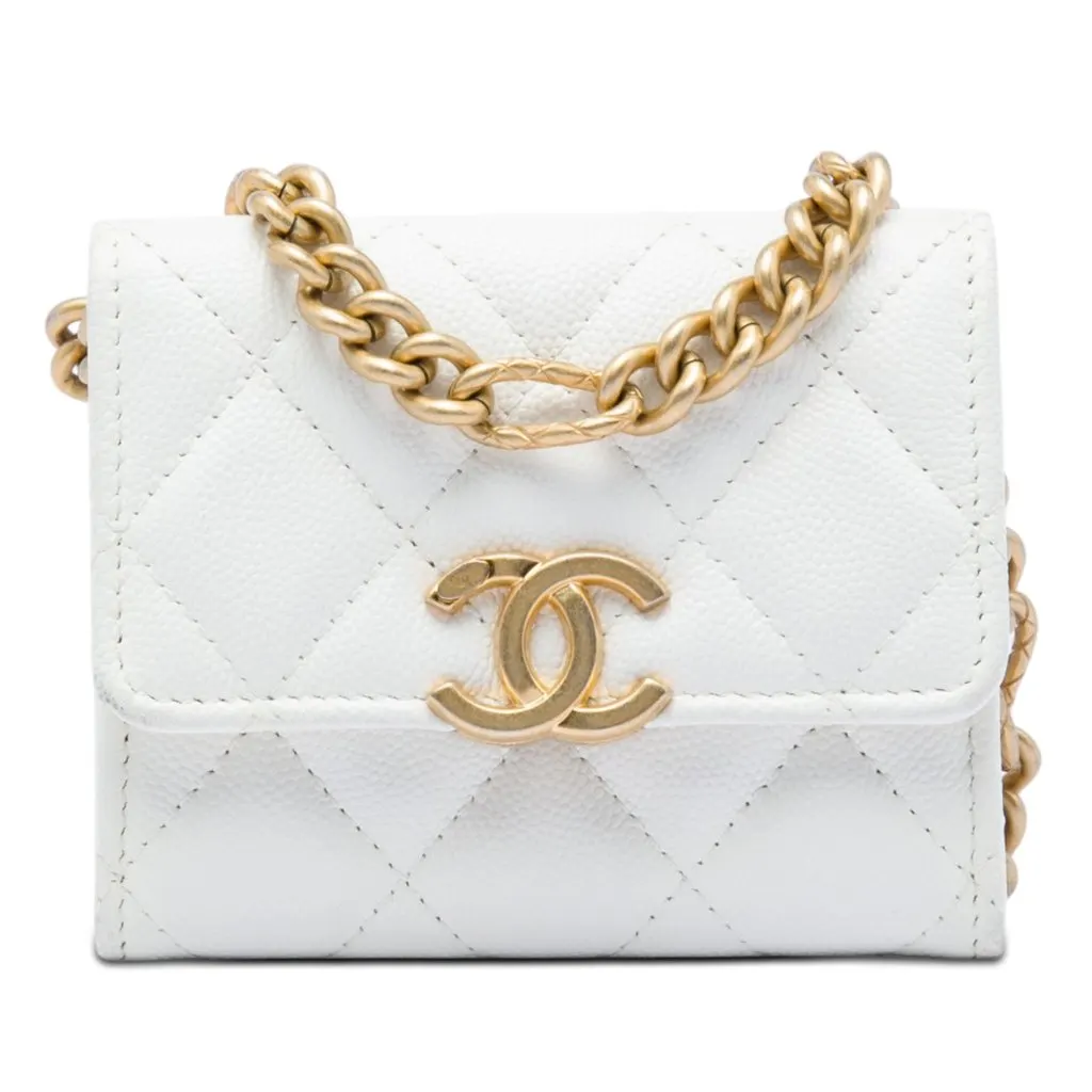 Chanel Quilted Caviar Card Holder on Chain White Leather Very good - Front View