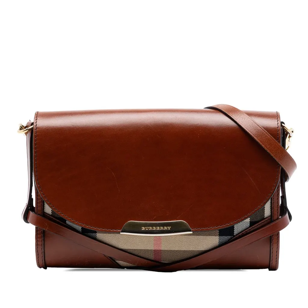 Burberry Leather and House Check Canvas Bridle Abbott Crossbody Brown Leather Very good - Front View