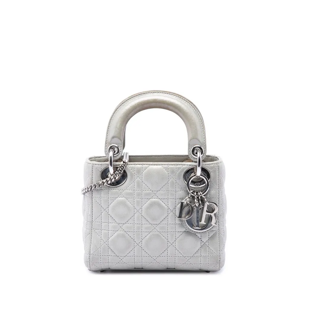 Dior Mini Iridescent Lambskin Cannage Lady Dior Silver Leather Very good - Front View