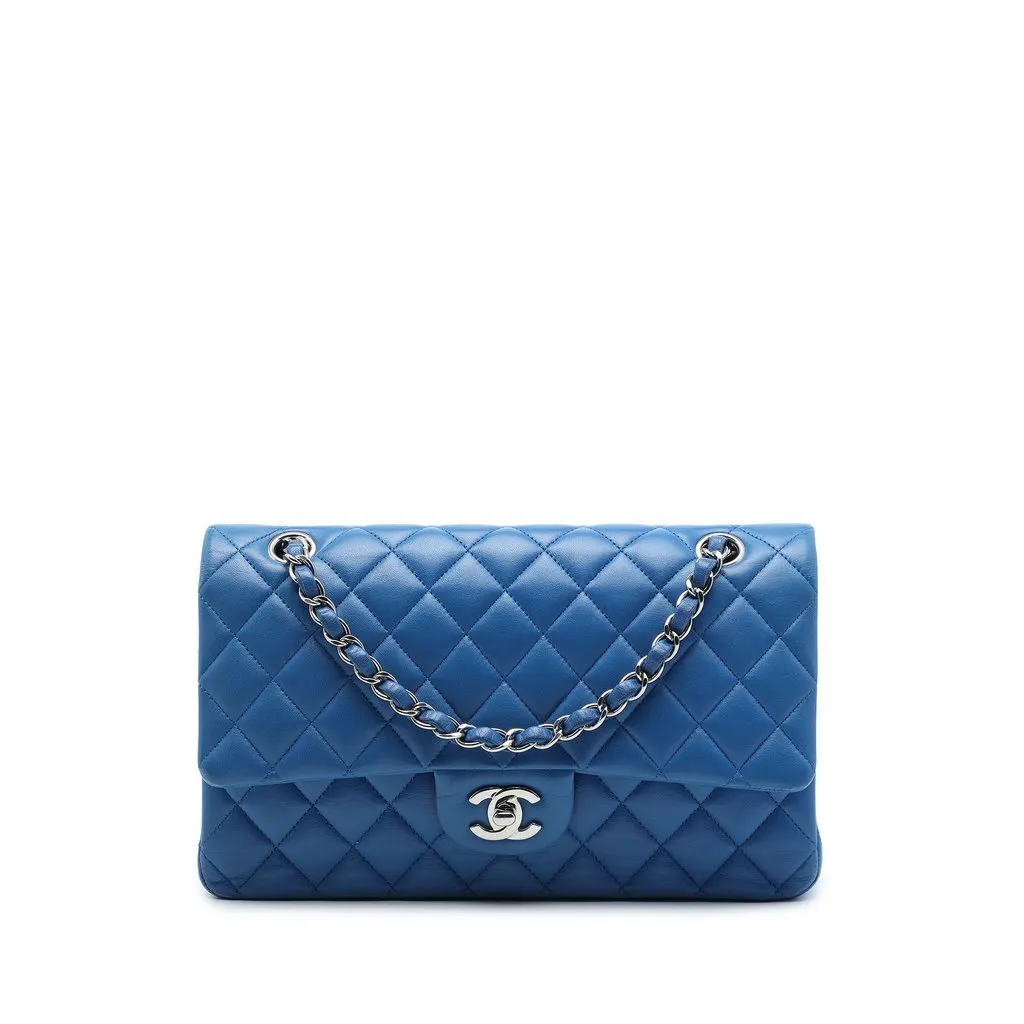 Chanel Medium Classic Lambskin Double Flap Blue Leather Very good - Front View