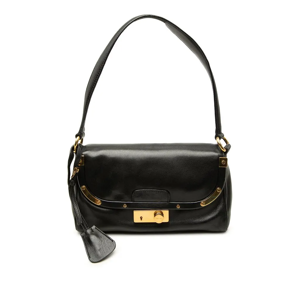 Prada City Calf Sound Lock Shoulder Bag Black Leather Good - Front View