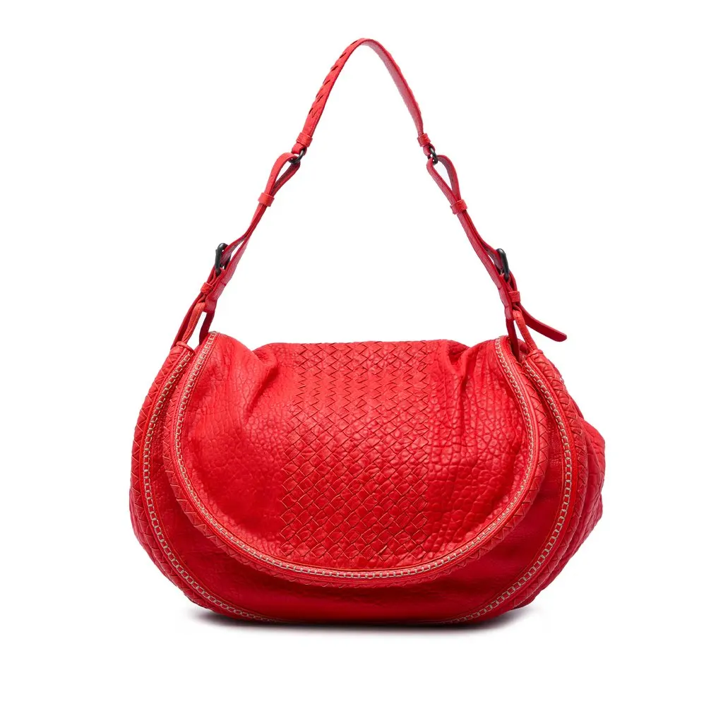 Bottega Veneta Intrecciato Trimmed Cervo Flap Bag Red Leather Very good - Front View