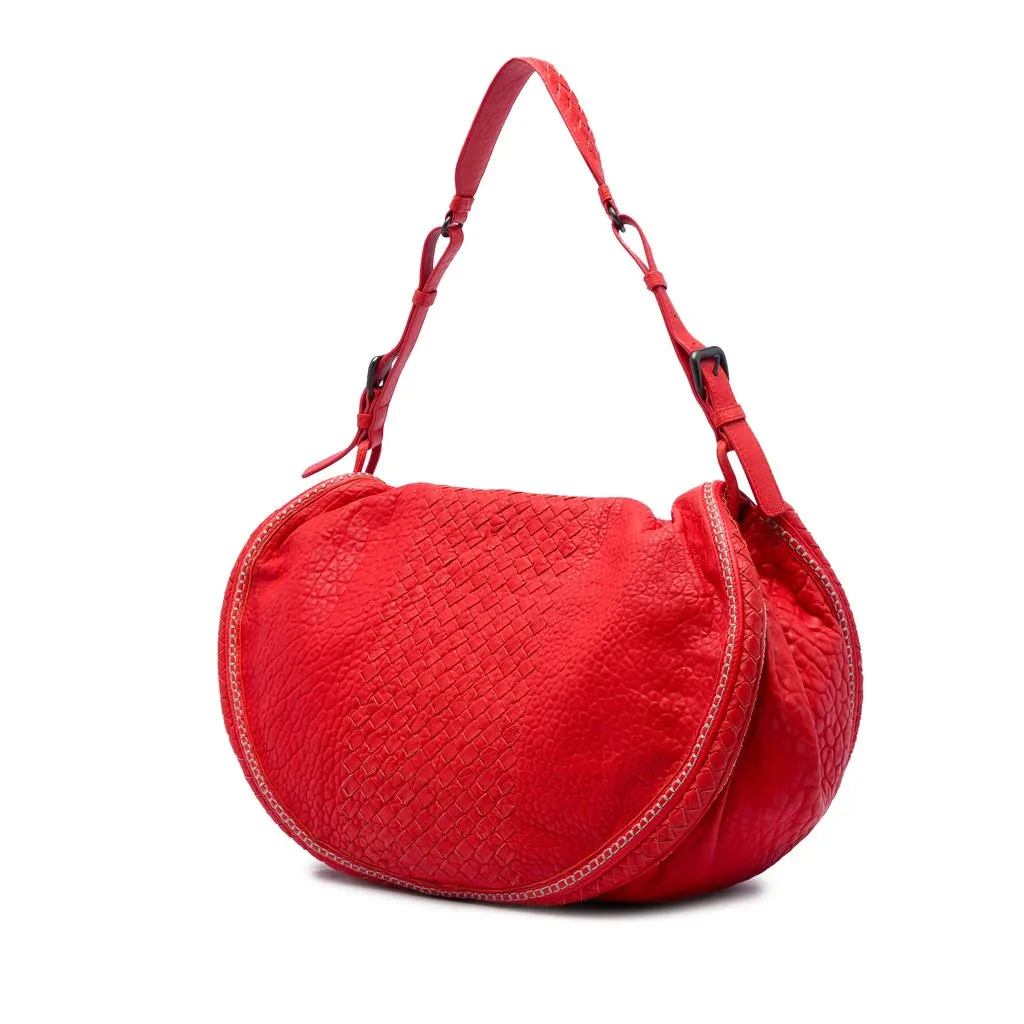 Bottega Veneta Intrecciato Trimmed Cervo Flap Bag Red Leather Very good - Back View