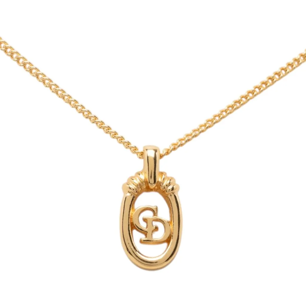 Dior Gold Plated CD Logo Oval Pendant Necklace Gold Metal Very good - Back View