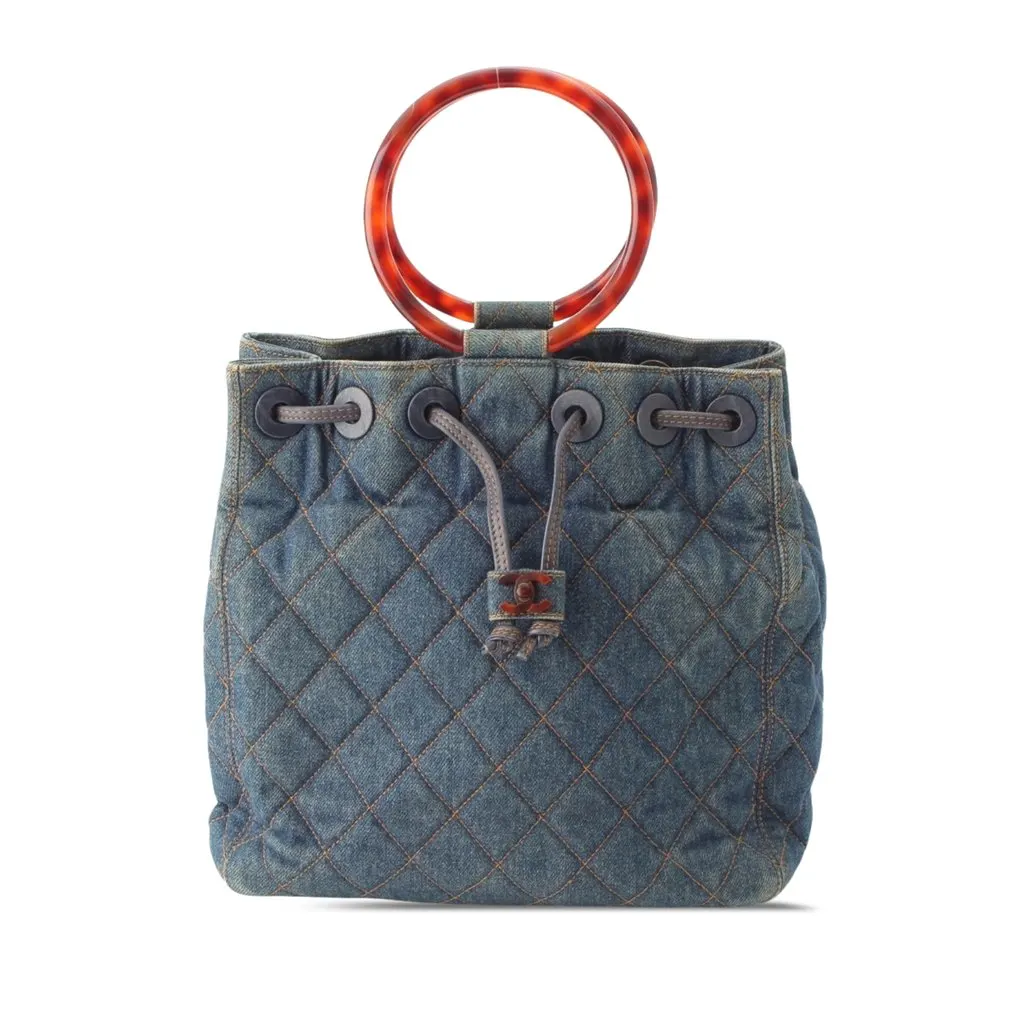 Chanel CC Quilted Denim Resin Ring Handle Bucket Bag Blue Very good - Front View