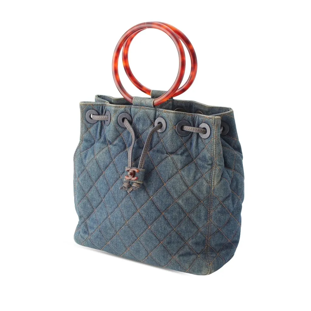 Chanel CC Quilted Denim Resin Ring Handle Bucket Bag Blue Very good - Back View