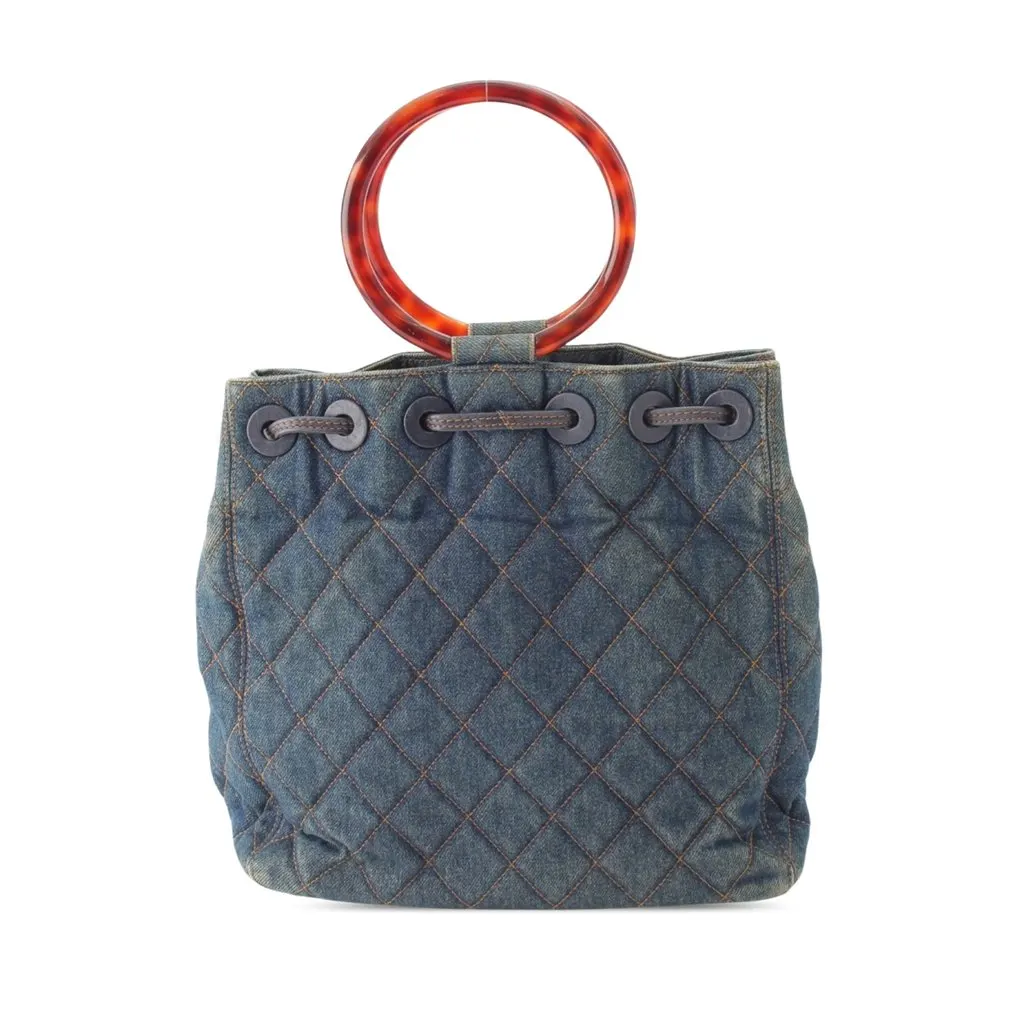 Chanel CC Quilted Denim Resin Ring Handle Bucket Bag Blue Very good - Inside View