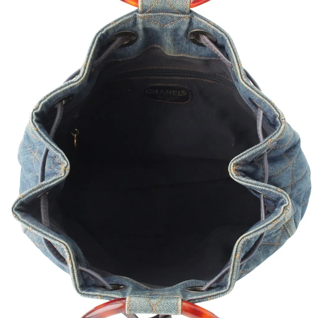 Chanel CC Quilted Denim Resin Ring Handle Bucket Bag Blue Very good - Box View