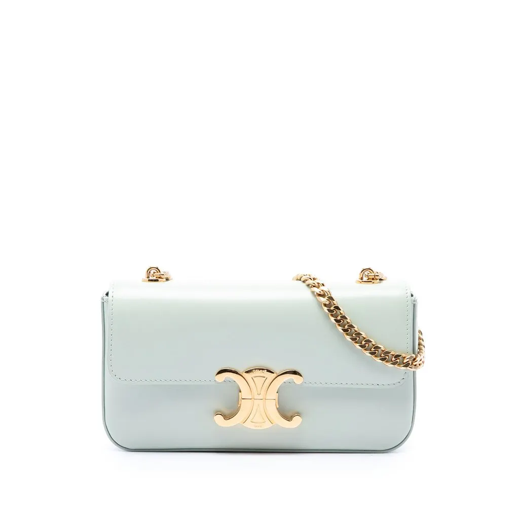 Celine Shiny Calfskin Triomphe Claude Chain Shoulder Bag Green Leather Very good - Front View