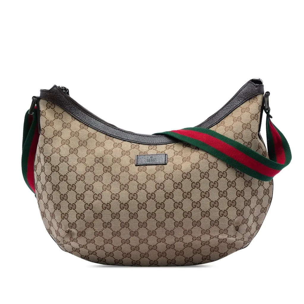 Gucci GG Canvas Web Half Moon Crossbody Beige Very good - Front View