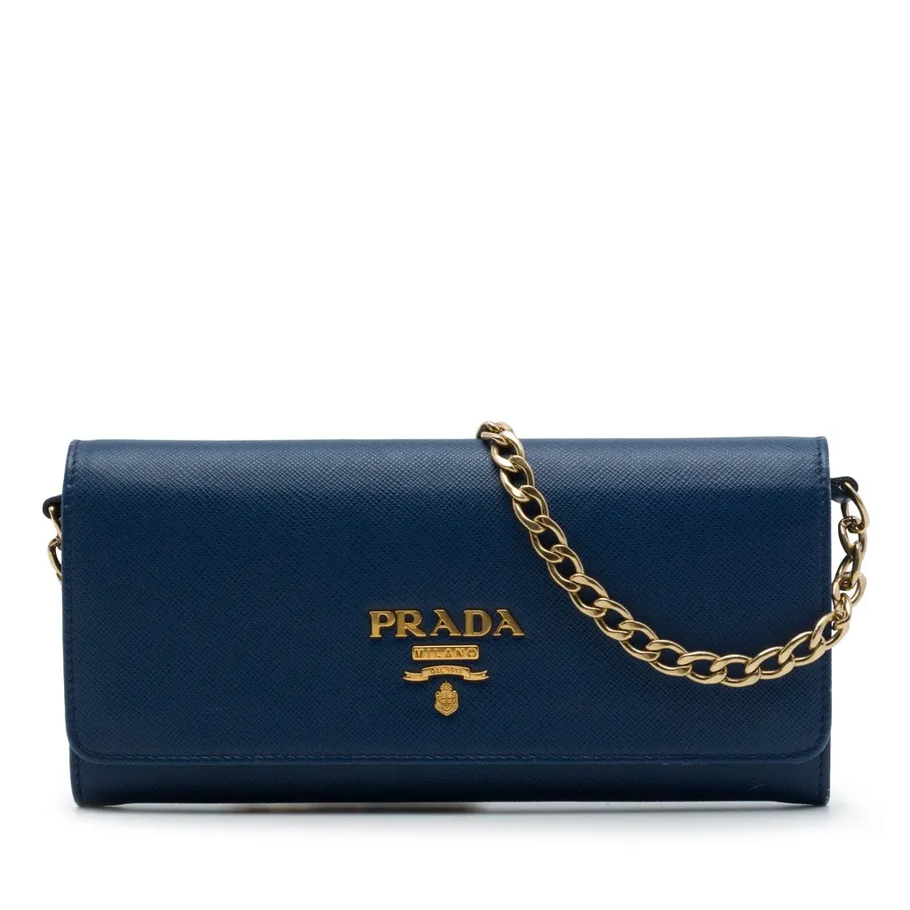 Prada Saffiano Wallet On Chain Blue Leather Very good - Front View