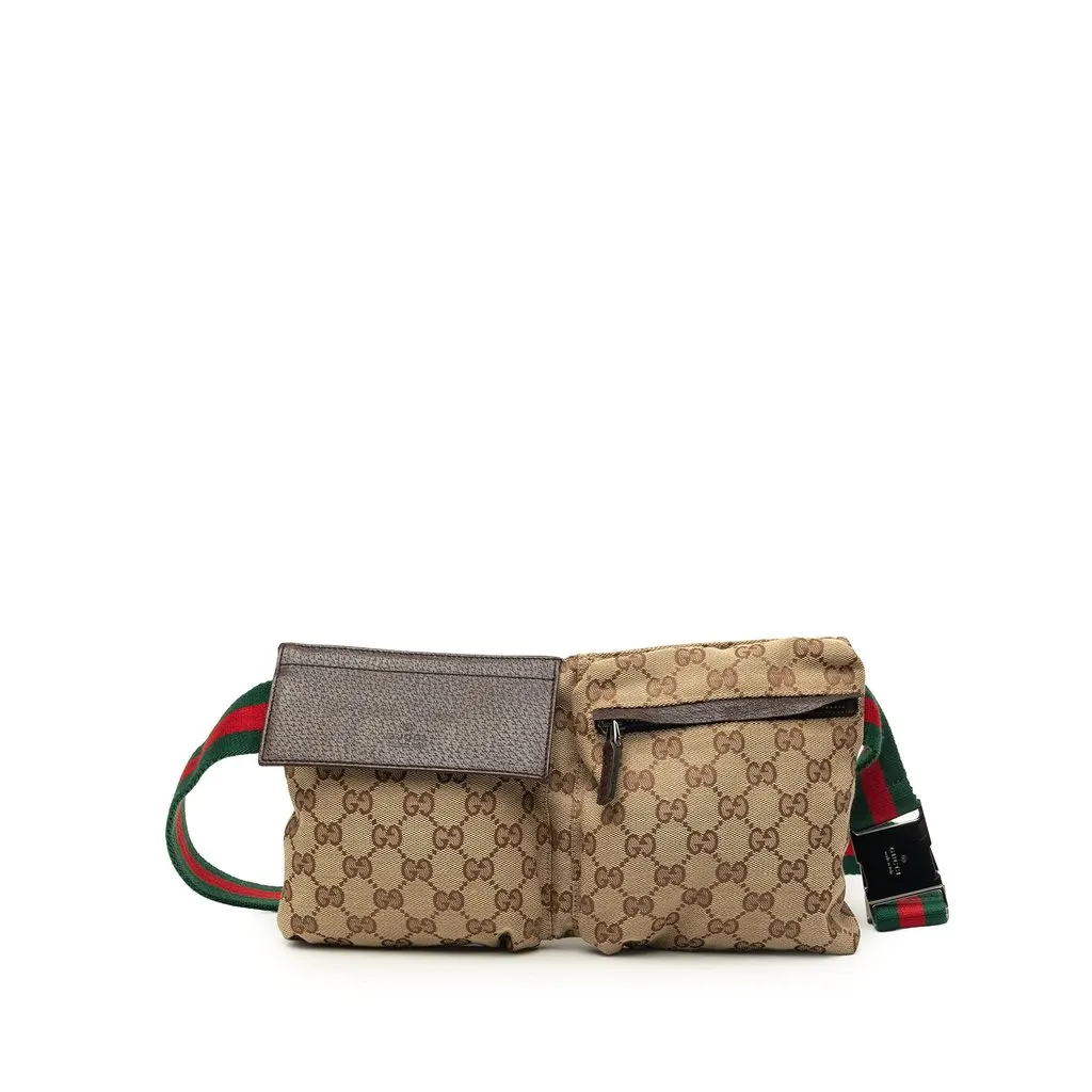 Gucci GG Canvas Web Double Pocket Belt Bag Beige Very good - Front View