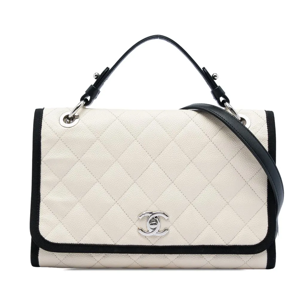 Chanel CC Bicolor Quilted Caviar and Grosgrain Top Handle Flap White Leather Very good - Front View