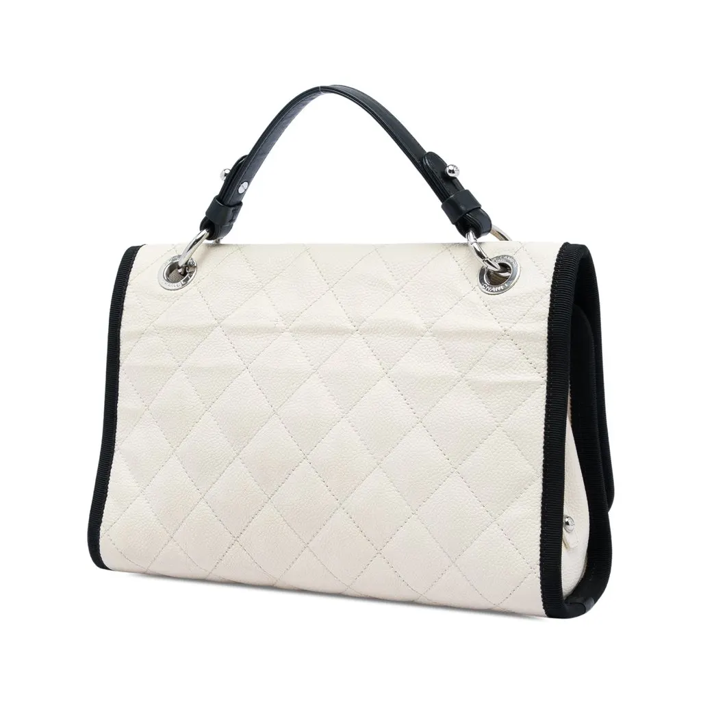 Chanel CC Bicolor Quilted Caviar and Grosgrain Top Handle Flap White Leather Very good - Back View
