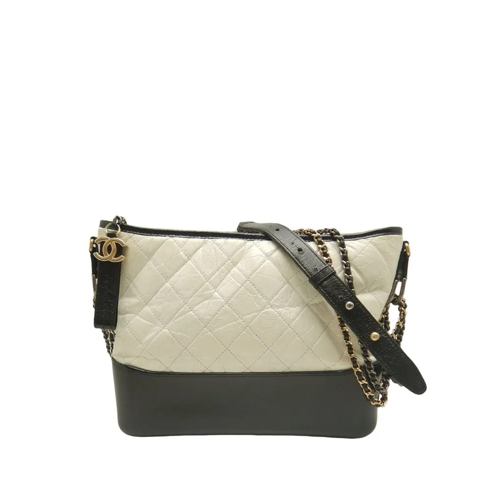 Chanel Medium Bicolor Quilted Aged Calfskin Gabrielle Hobo White Leather Very good - Front View