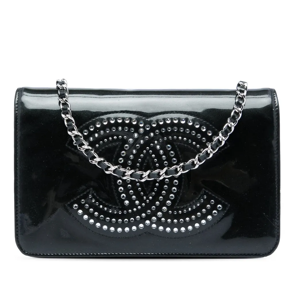 Chanel CC Patent Strass Embellished Wallet On Chain Black Leather Very good - Front View