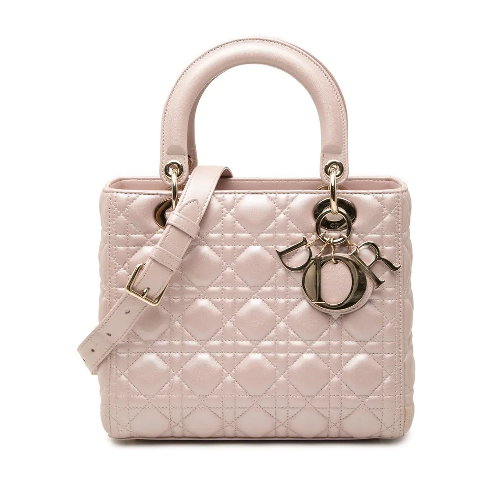 Dior Medium Pearlescent Lambskin Cannage Lady Dior Pink Leather Very good - Front View
