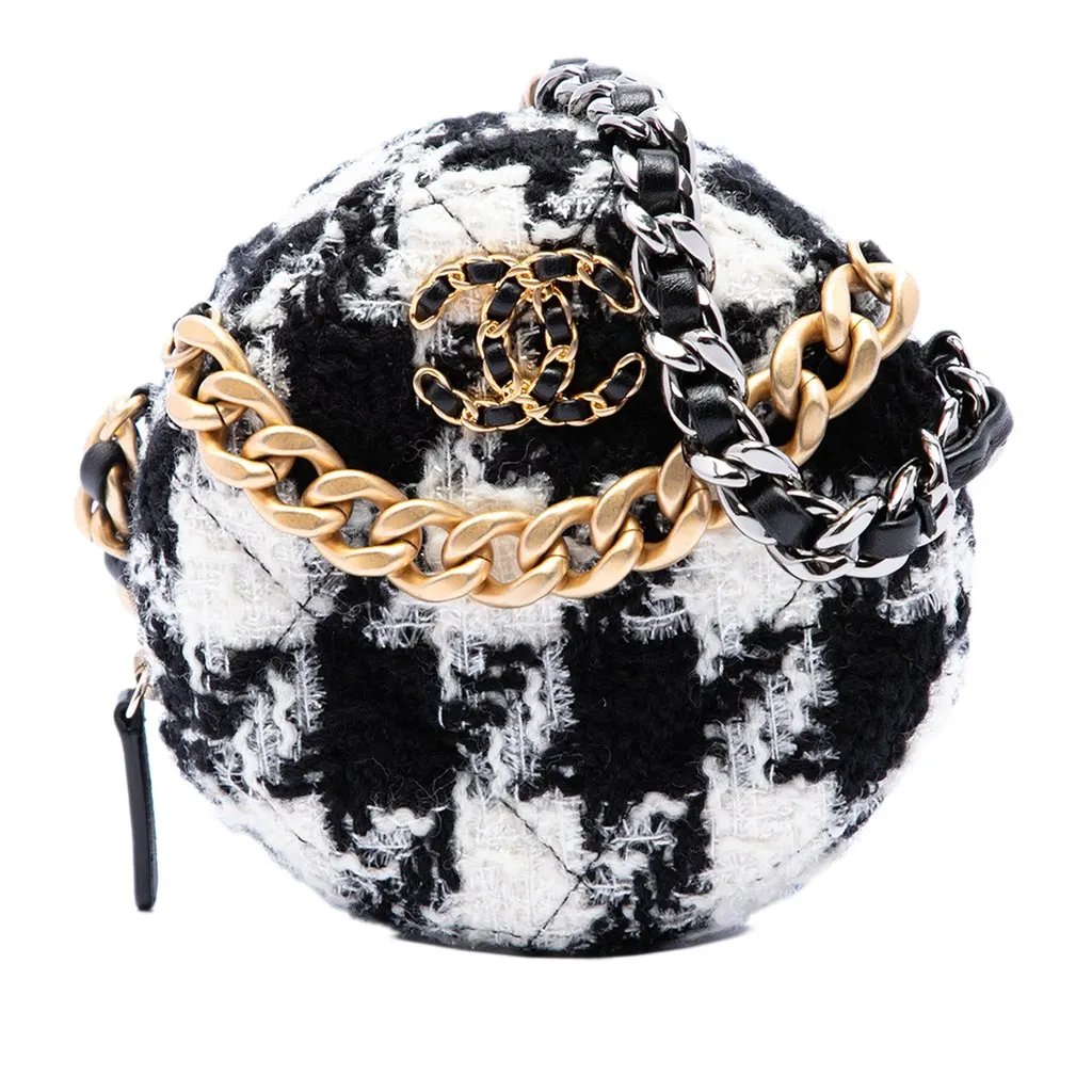 Chanel Tweed 19 Round Clutch with Chain and Coin Purse White Tweed Good - Front View