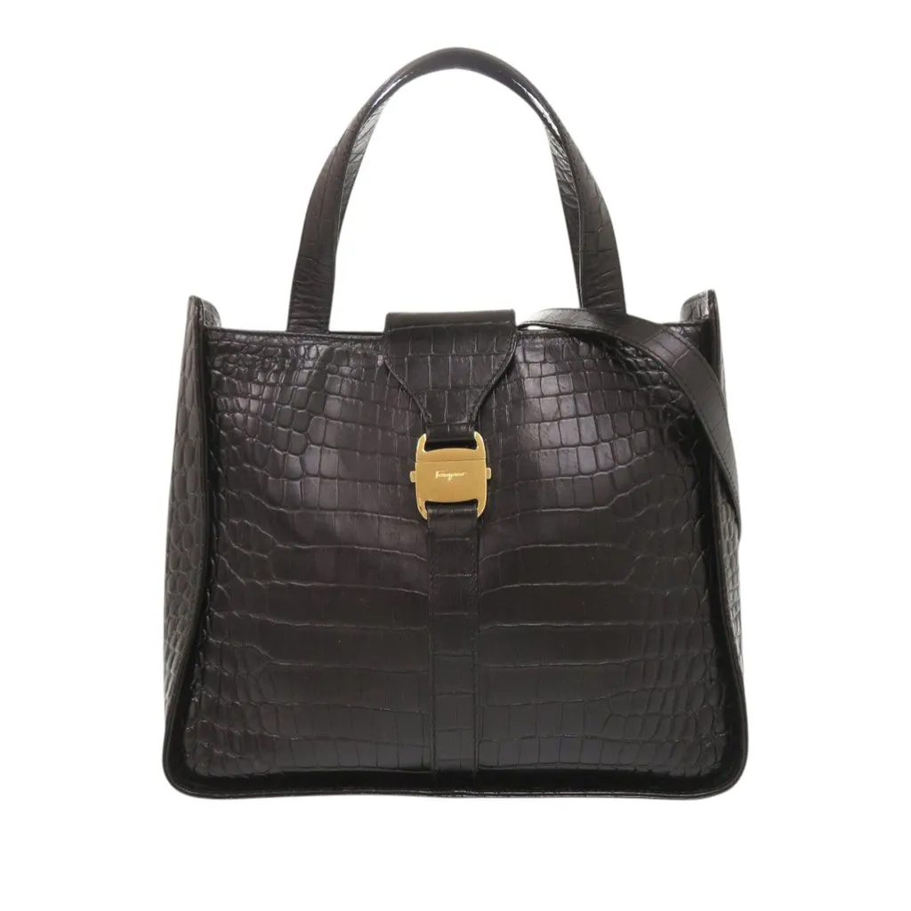 Salvatore Ferragamo Croc Embossed Leather Vara Satchel Black Leather Good - Front View
