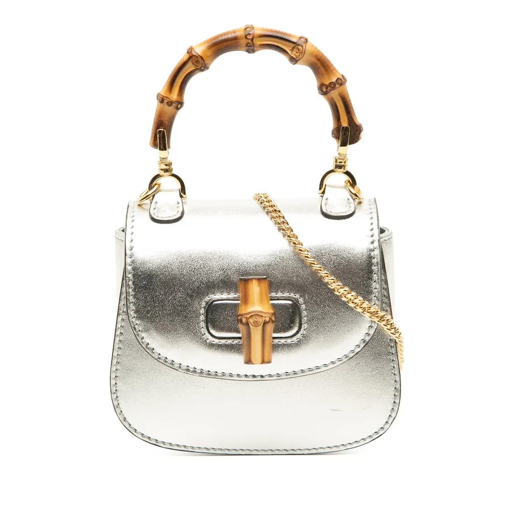 Gucci Nano Metallic Calfskin 1947 Bamboo Top Handle Bag Silver Leather Very good - Front View