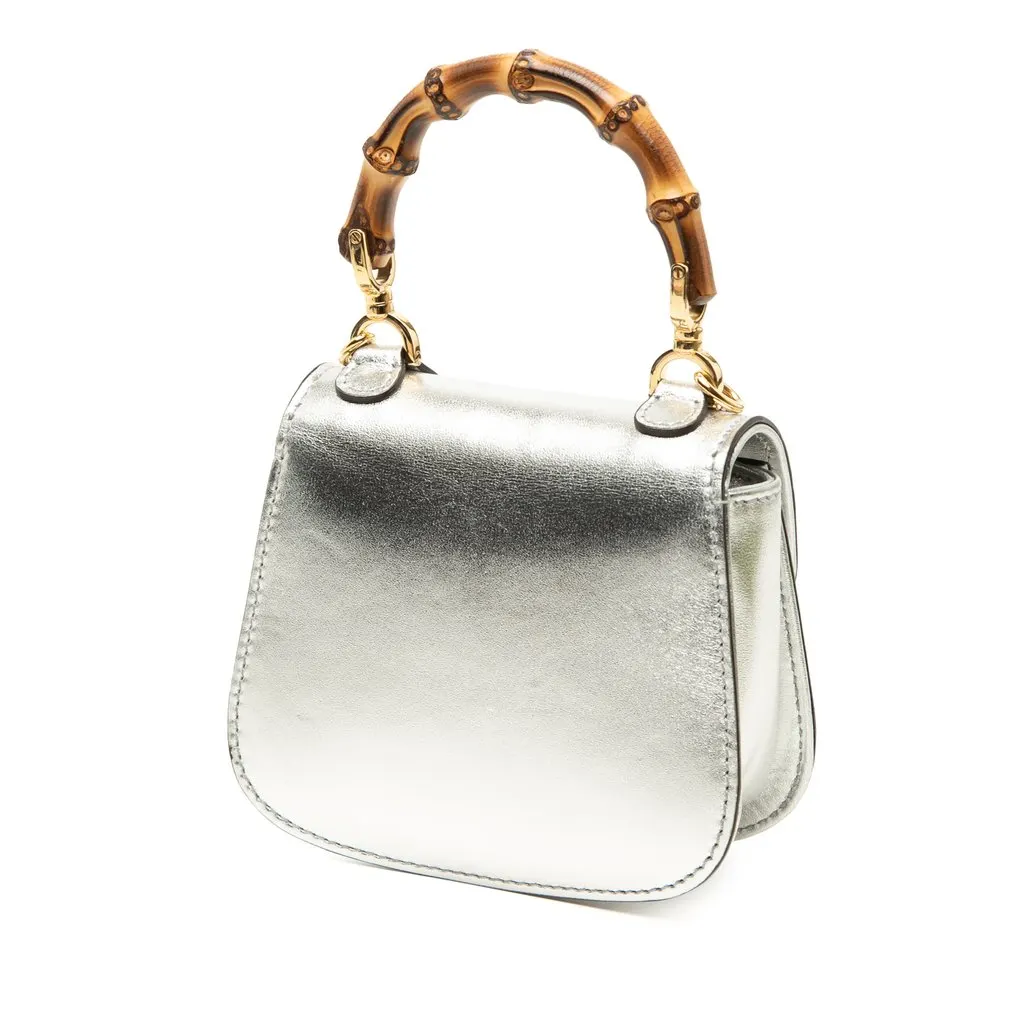 Gucci Nano Metallic Calfskin 1947 Bamboo Top Handle Bag Silver Leather Very good - Back View