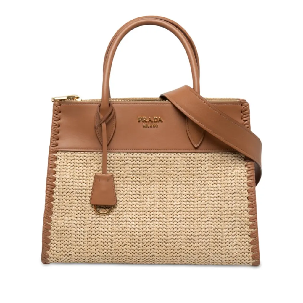 Prada Raffia and City Calf Whipstitch Paradigme Satchel Beige Rattan Very good - Front View