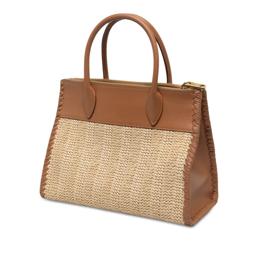 Prada Raffia and City Calf Whipstitch Paradigme Satchel Beige Rattan Very good - Back View
