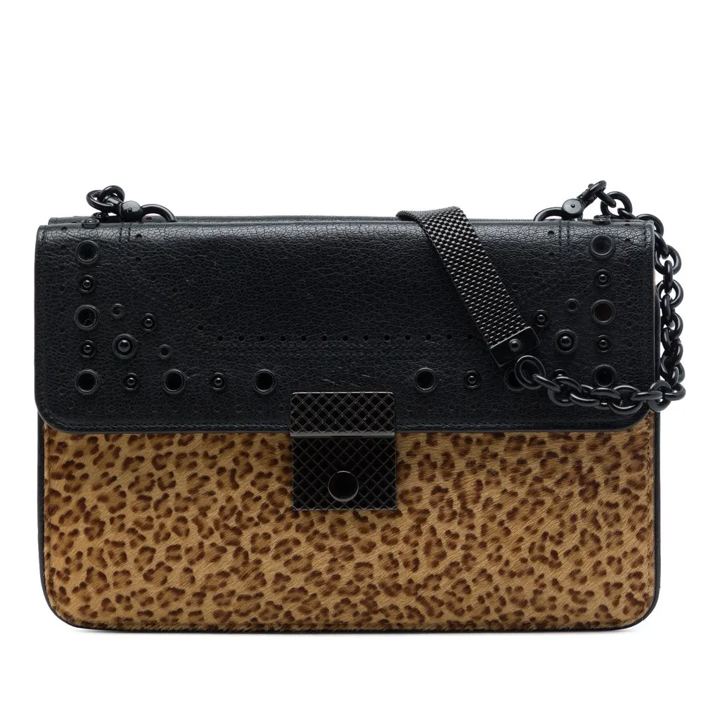 Bottega Veneta Leopard Printed Pony Hair Glass Shoulder Bag Brown Leather Very good - Front View