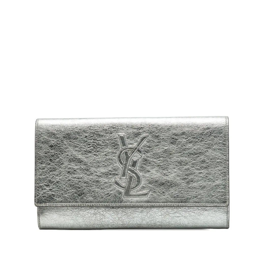Saint Laurent Large Textured Metallic Calfskin Monogram Belle De Jour Clutch Silver Leather Very good - Front View
