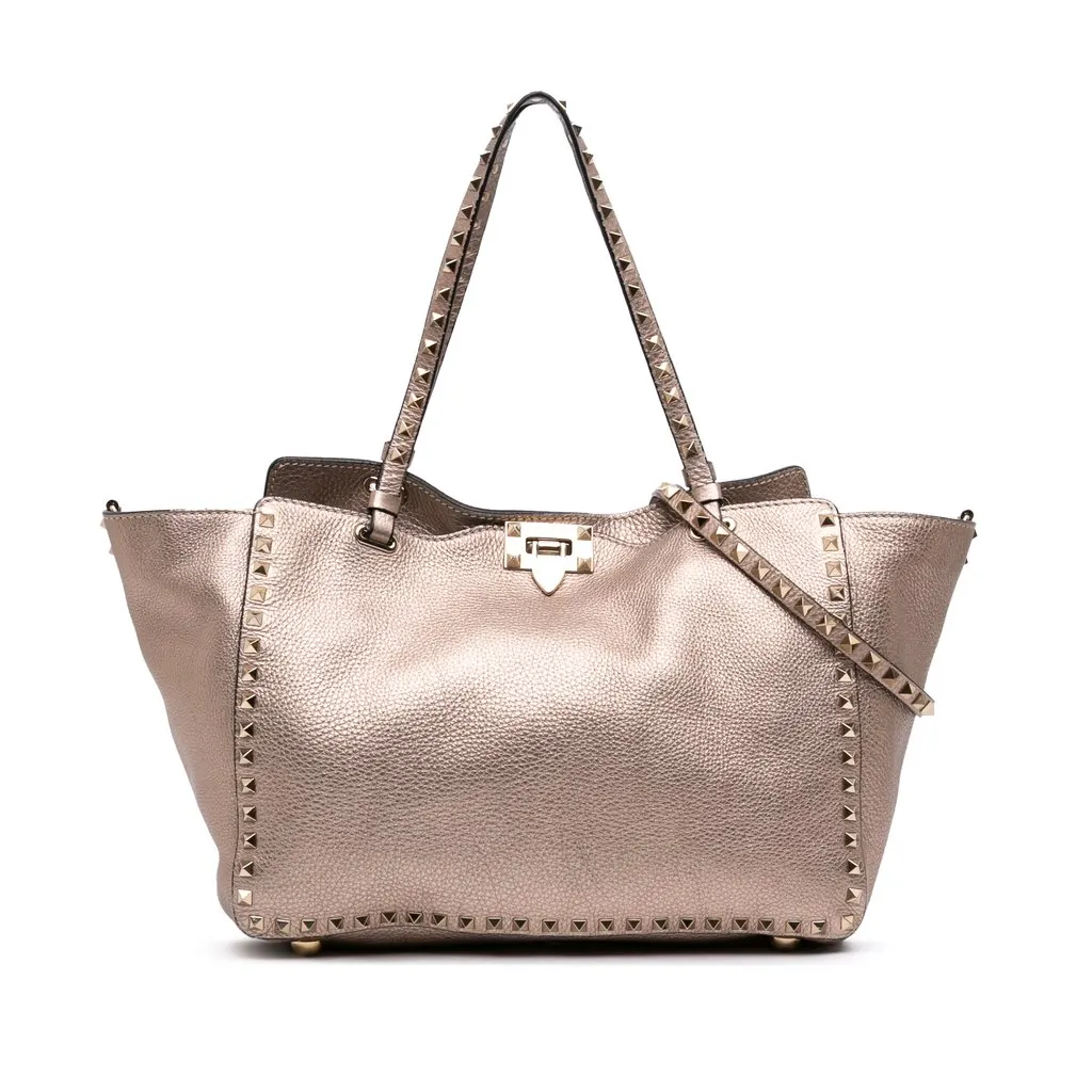 Valentino Medium Metallic Leather Rockstud Trapeze Satchel Gold Leather Very good - Front View