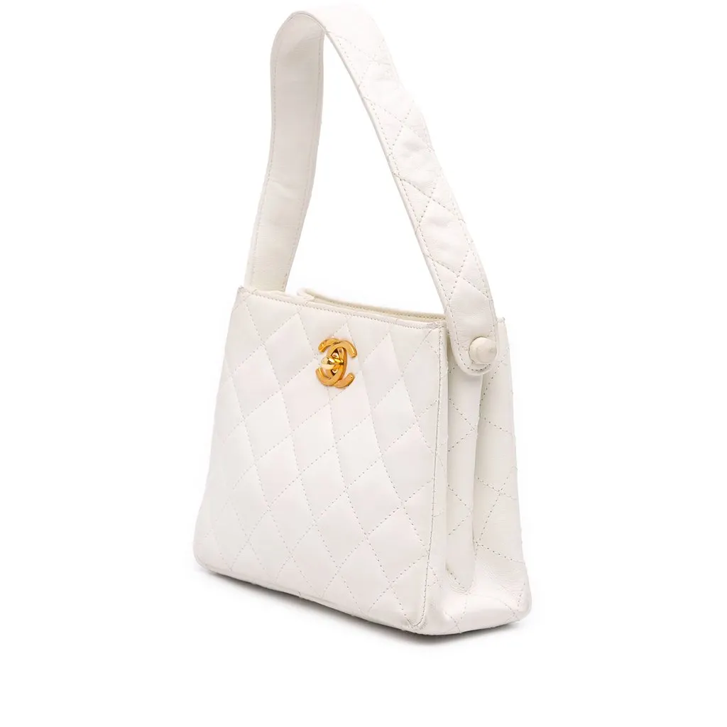 Chanel CC Quilted Lambskin Shoulder Bag White Leather Good - Back View