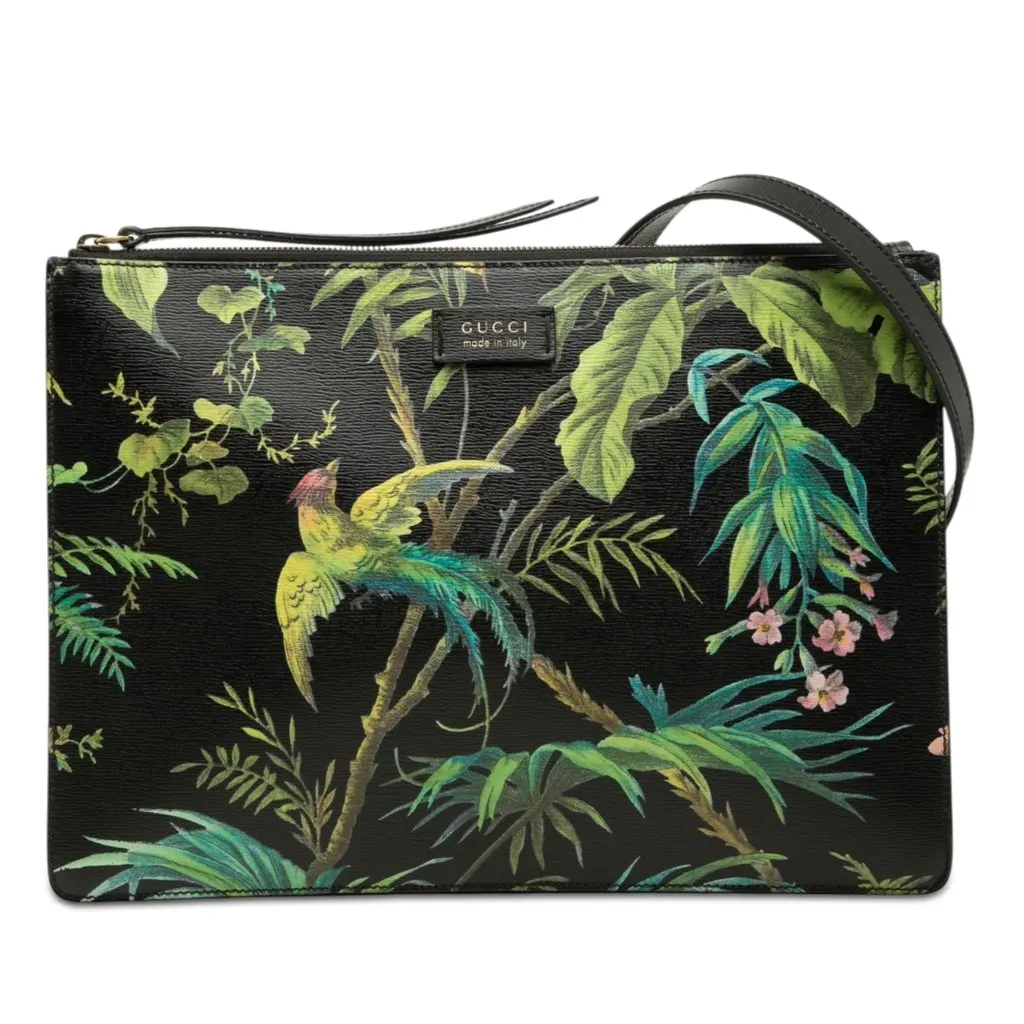 Gucci Calfskin Tropical Bird Print Crossbody Black Leather Very good - Front View
