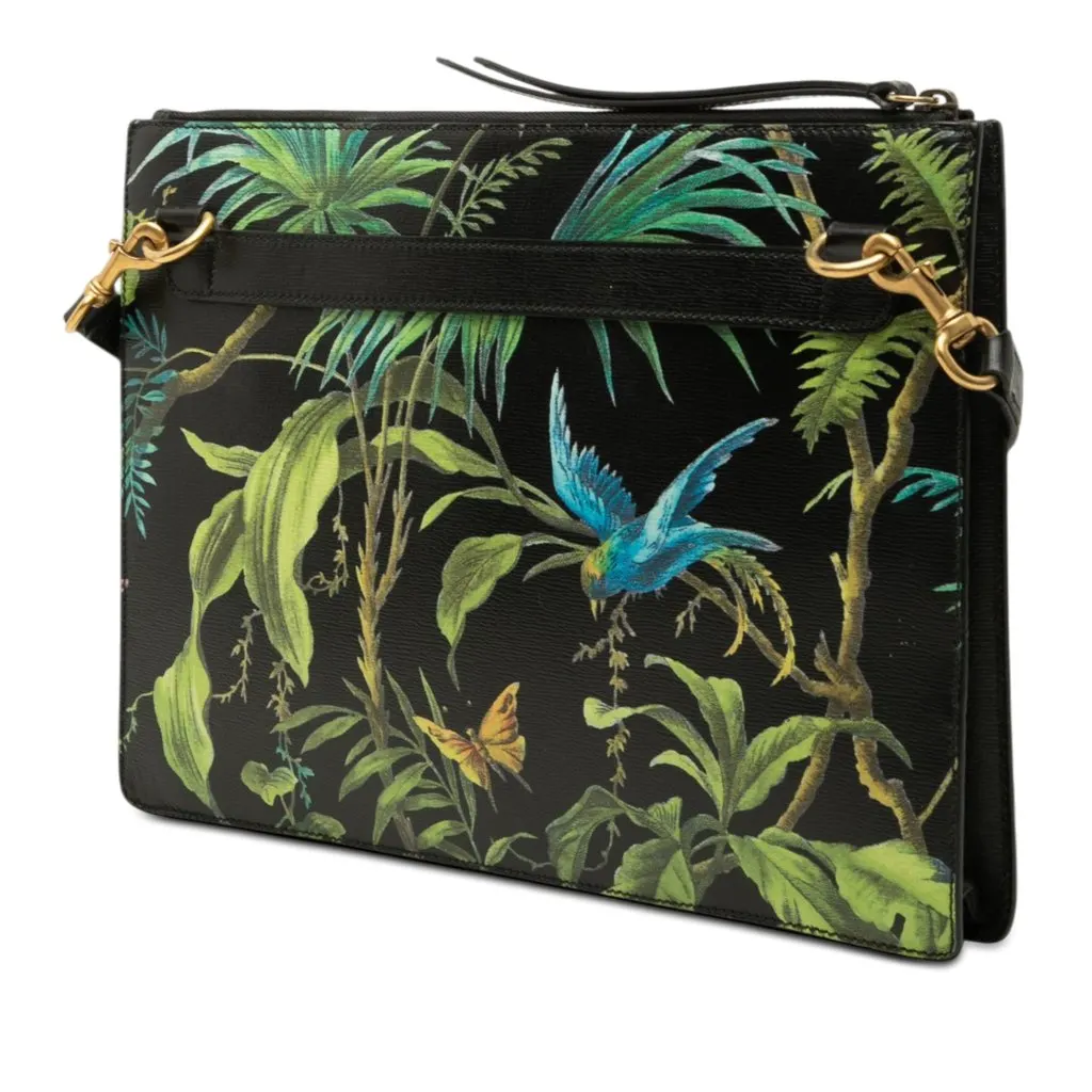 Gucci Calfskin Tropical Bird Print Crossbody Black Leather Very good - Back View