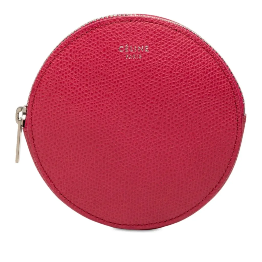 Celine Grained Calfskin Round Zip Coin Pouch Pink Leather Very good - Front View