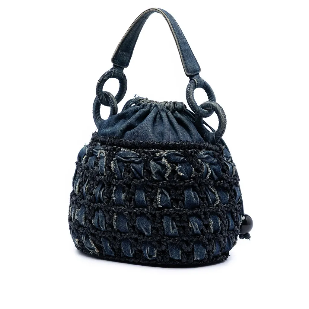 Chanel CC Woven Denim and Raffia Drawstring Bucket Bag Blue Very good - Back View
