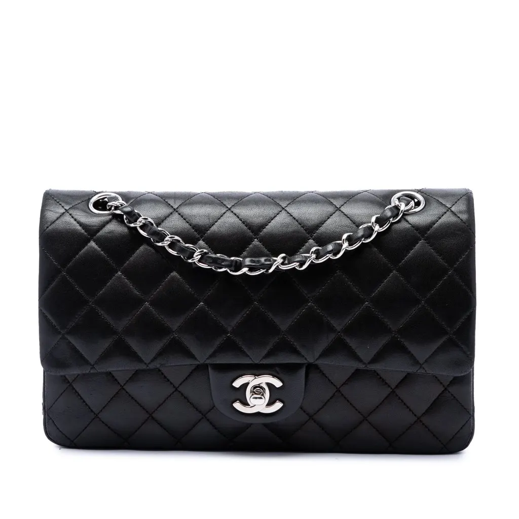 Chanel Medium Classic Lambskin Double Flap Black Leather Very good - Front View