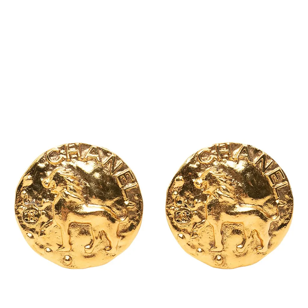 Chanel CC Gold Plated Lion Round Clip On Earrings Gold Metal Very good - Front View