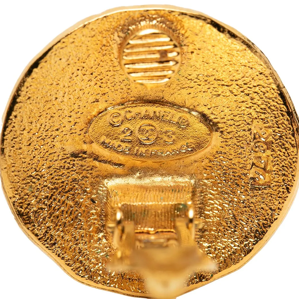 Chanel CC Gold Plated Lion Round Clip On Earrings Gold Metal Very good - Model View