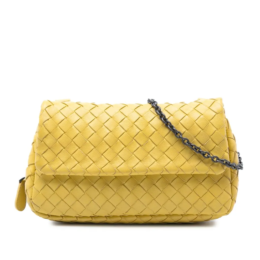 Bottega Veneta Mini Nappa Intrecciato Expandable Chain Flap Crossbody Yellow Leather Very good - Front View