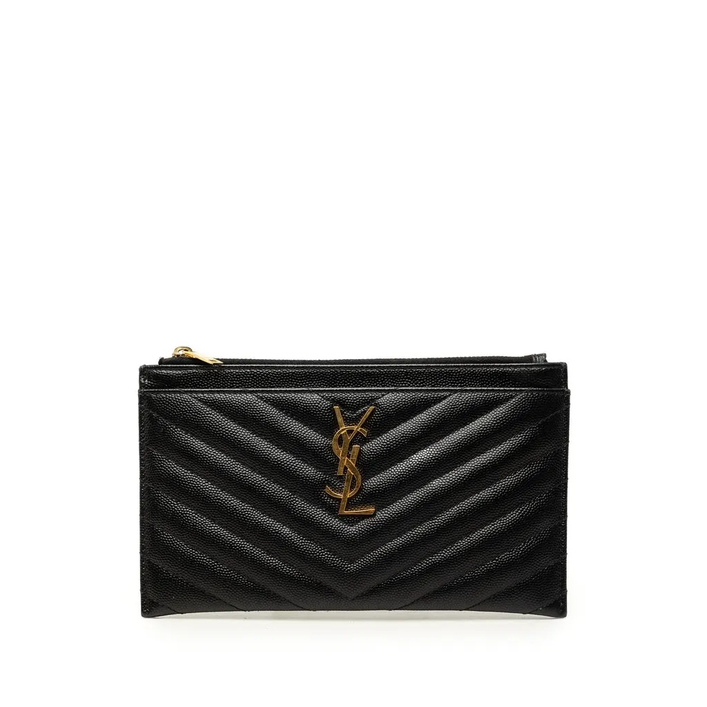 Saint Laurent Chevron Grain De Poudre Monogram Bill Pouch Black Leather Very good - Front View