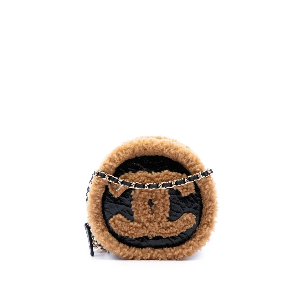 Chanel Shearling Trimmed Shiny Crumpled Sheepskin Round Clutch with Chain Black Leather Good - Front View