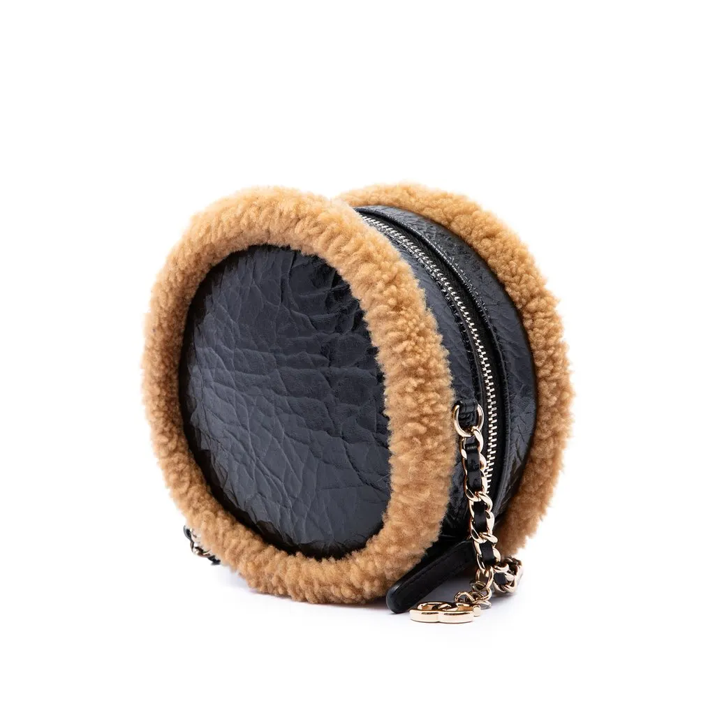 Chanel Shearling Trimmed Shiny Crumpled Sheepskin Round Clutch with Chain Black Leather Good - Back View