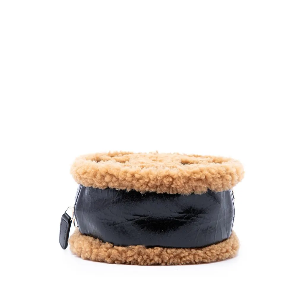 Chanel Shearling Trimmed Shiny Crumpled Sheepskin Round Clutch with Chain Black Leather Good - Inside View