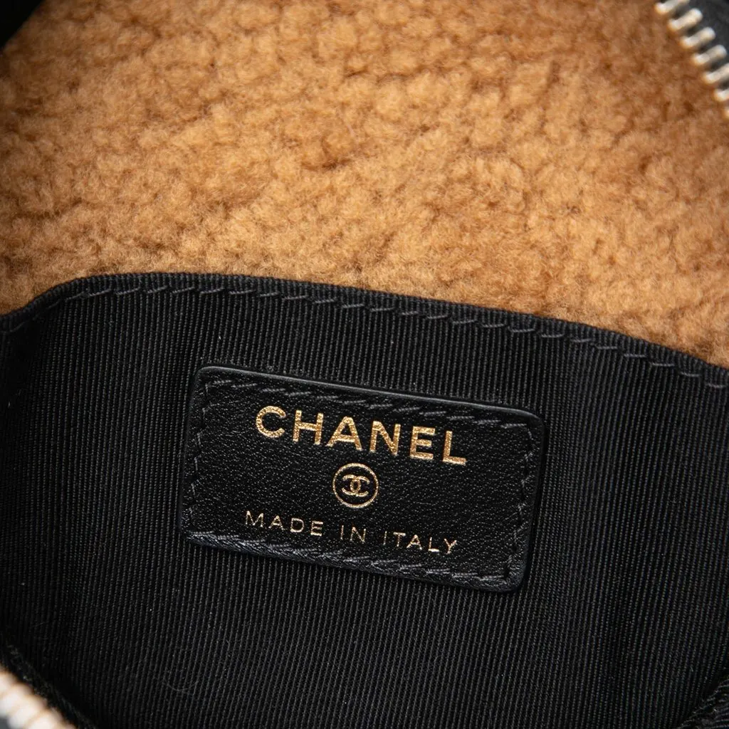 Chanel Shearling Trimmed Shiny Crumpled Sheepskin Round Clutch with Chain Black Leather Good - Box View