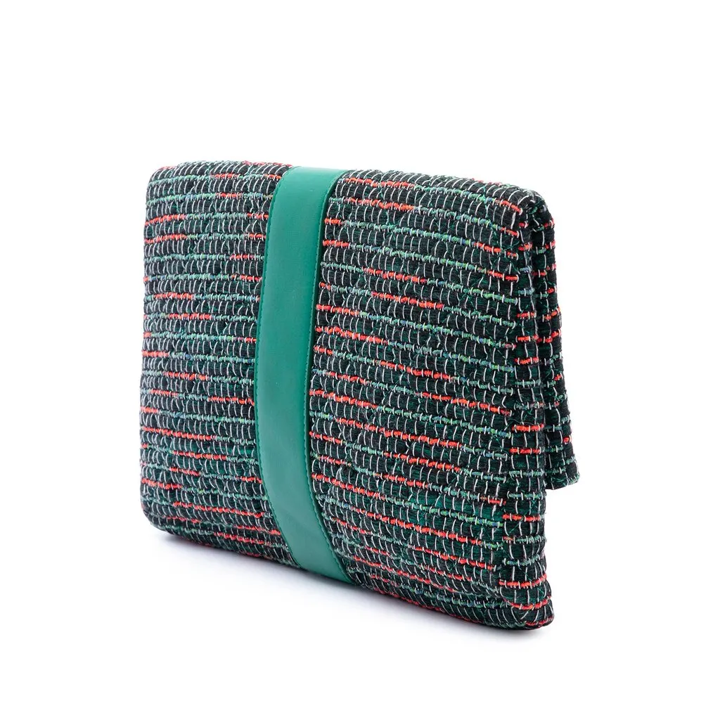 Chanel Quilted Tweed Grip Clutch Green Tweed Good - Back View