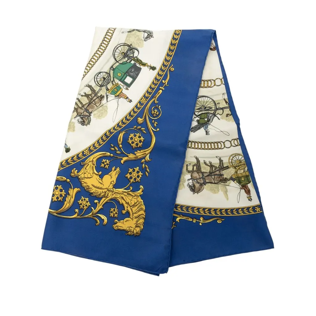 Hermès La Promenade De Longchamps Silk Scarf 90 Blue Silk Good - Front View
